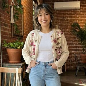 Vintage Heirloom Collectables Cardigan Sweater Embroidery Hearts Floral Women XL